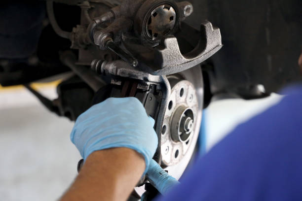 Brake pad replacement in car service