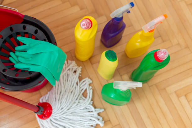 Cleaning products on floor