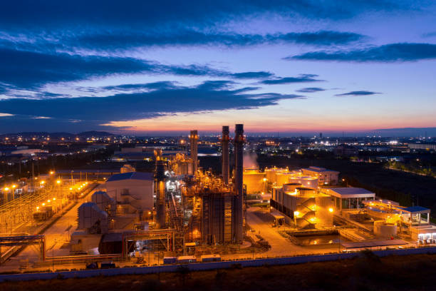 Aerial view. industrial power plant energy at night and twilight
