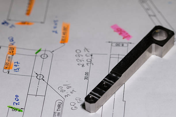 Ready CNC metal detail on technical drawing sketch with measures
