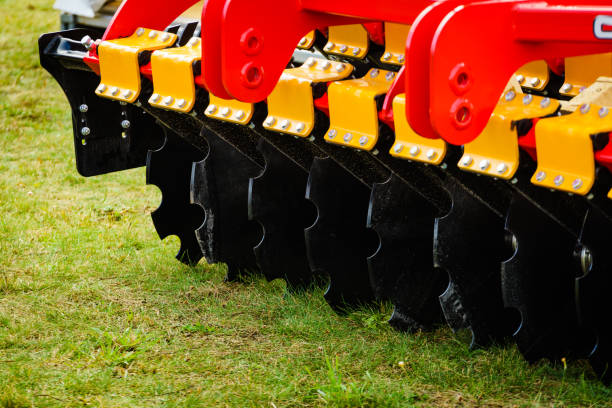 Agriculture equipment. Disc harrow, agricultural machinery, detail view.